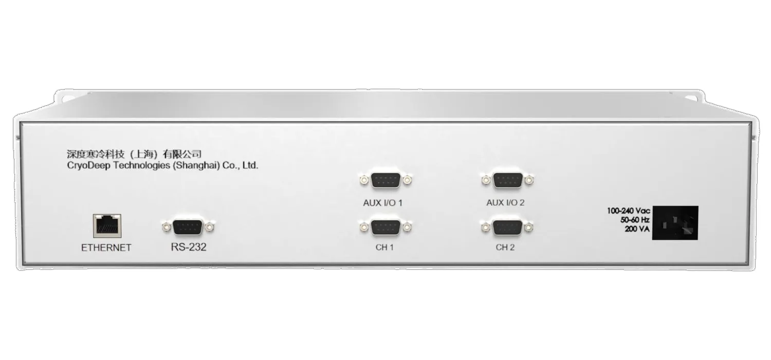 DEEP-TWO-4K 背板：以太网、RS-232、AUX I/O 1/2 与两路探头接口，100–240 Vac 电源输入