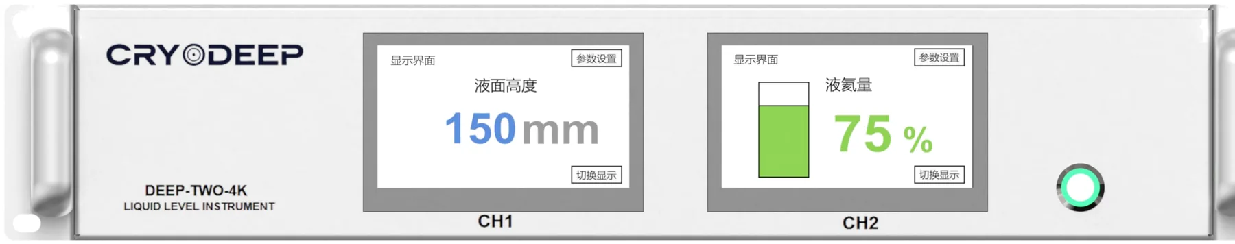 DEEP-TWO-4K 前面板：CH1 液面高度 150 mm，CH2 液氦量 75%