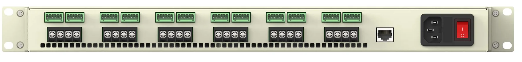 JPS-1500-6WF 背板：功率输出端子、联锁与模拟量信号端子、以太网口、24 V 控制接口与交流输入